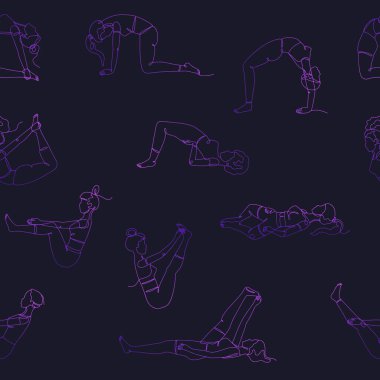 Yoga pozlarının tek çizgi çizimleriyle kusursuz desen. Asana 'nın çizdiği doğrusal el, koyu mor arka plana duvar kağıdı çiziyor.