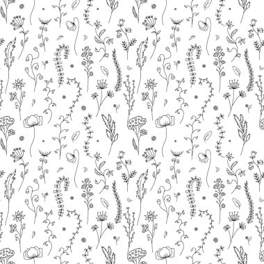 Kusursuz desenli, elle çizilmiş tek renkli kır çiçekleri. Beyaz arkaplanda çizgi sanat çayırı çiçekleri