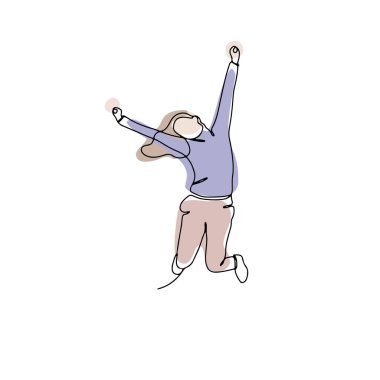 Soyut şekilli zıplayan bir kadının tek çizgi çizimi. Beyaz arkaplana doğrusal el çizimi