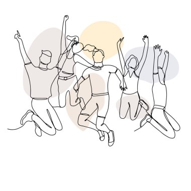 Single line drawing of jumping people, men and women with pastel abstract shapes. Linear hand drawn doodle on white background