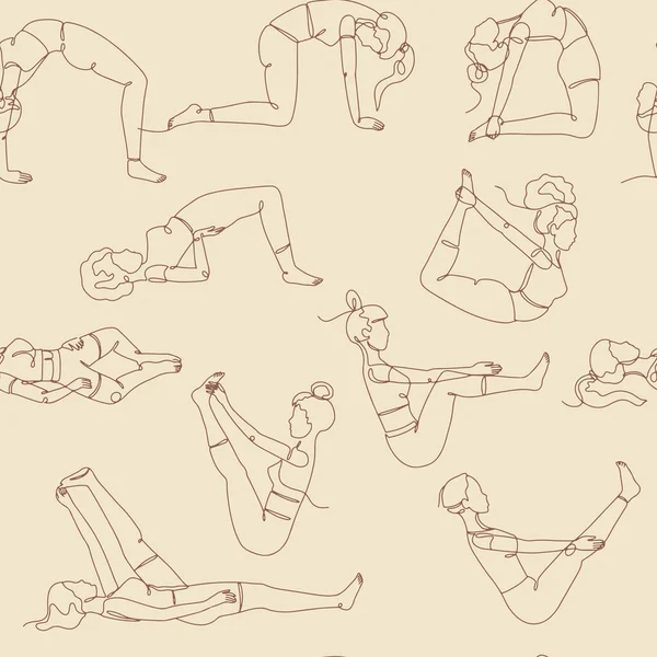 Yoga Pozlarının Tek Çizgi Çizimleriyle Kusursuz Desen Lineer Bej Arkaplan — Stok Vektör