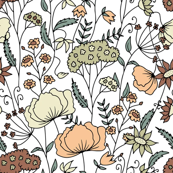Patrón Sin Costuras Con Flores Silvestres Abstractas Dibujadas Mano Línea — Vector de stock
