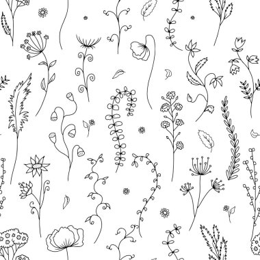 Kusursuz desenli, elle çizilmiş tek renkli kır çiçekleri. Beyaz arkaplanda çizgi sanat çayırı çiçekleri