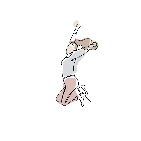 具有抽象形状的跳跃妇女的单线绘图 白色背景上的线性手绘涂鸦 — 图库矢量图片