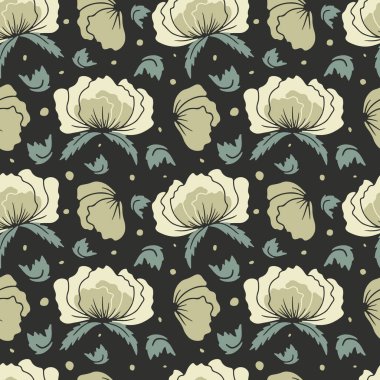 Siyah arkaplanda soyut gelincik çiçekleri siluetleri olan kusursuz desen