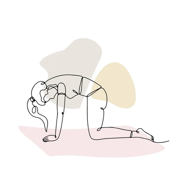 Single Line Disegno Una Ragazza Posa Gatto Yoga Con Forme — Vettoriale Stock