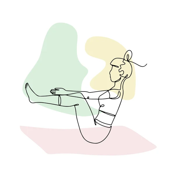 Einzeilige Zeichnung Eines Mädchens Boot Yoga Pose Mit Abstrakten Formen — Stockvektor