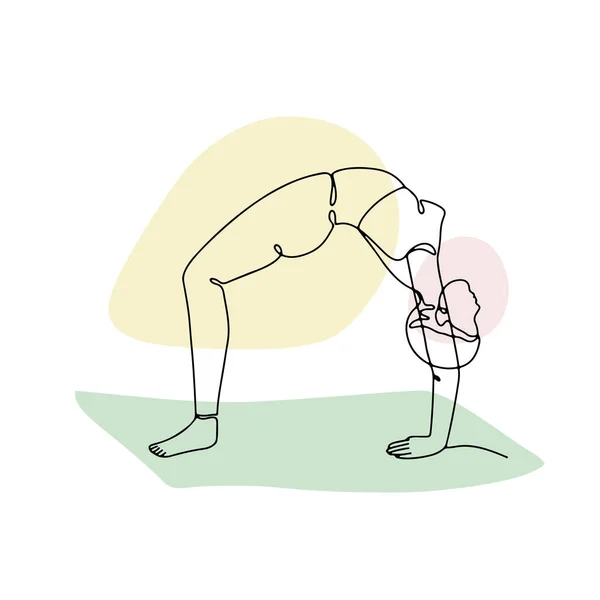 Disegno Linea Singola Una Ragazza Posa Ruota Yoga Con Forme — Vettoriale Stock