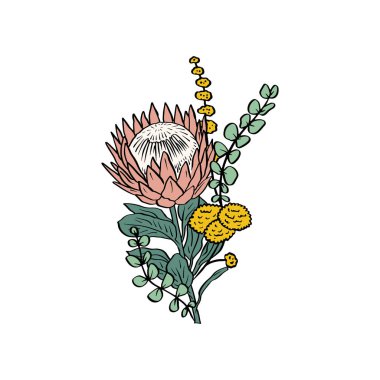 Renkli tropik protea çiçekleri ve yapraklar. Boho çiçek kompozisyonu