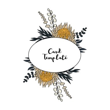 El çizimi renkli sanat eseri tropikal protea çiçeği yatay oval çerçeve. Çiçek çelengi tebrik kartı şablonu