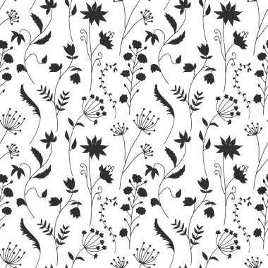 Beyaz arka planda siyah, kır çiçeklerinin silueti olan tek renkli, pürüzsüz desen. Eski püskü çiçekli tekrar deseni.