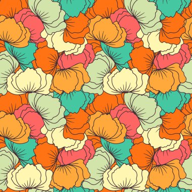 Geçmişe dönük çiçeklerle kusursuz bir desen. 70 'lerin tarz renkli çiçek arkaplanı
