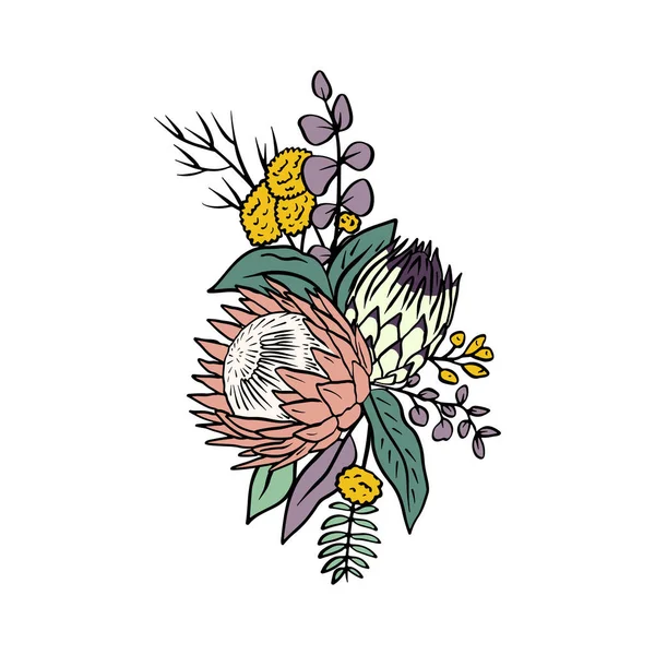 Renkli tropik protea çiçekleri ve yapraklar. Boho çiçek kompozisyonu