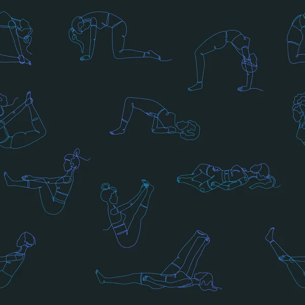Nahtloses Muster Mit Einzeiligen Zeichnungen Von Yoga Posen Lineare Handgezeichnete — Stockvektor