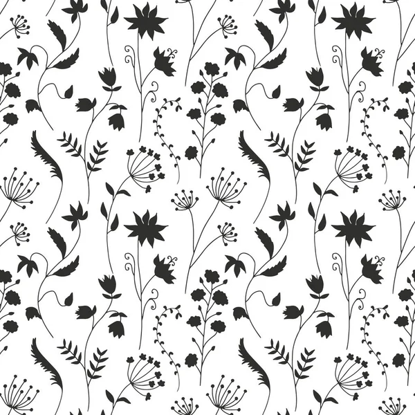 stock vector Monochrome seamless pattern with black wild flowers silhouettes on white background. Vintage ditsy floral repeat pattern.