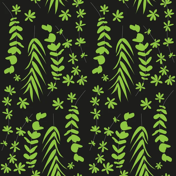 Seamless Pattern Green Tropical Palm Leaves Black Background Exotic Foliage — Archivo Imágenes Vectoriales