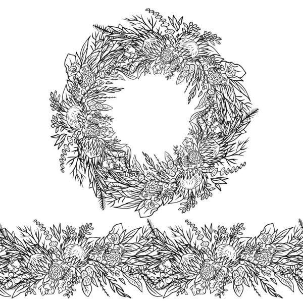 Cepillo Corona Monocromáticos Sin Costura Con Flores Protea Tropical Eucalipto — Archivo Imágenes Vectoriales