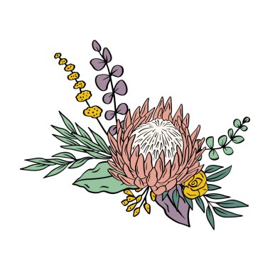 Renkli tropik protea çiçekleri ve yapraklar. Boho çiçek kompozisyonu