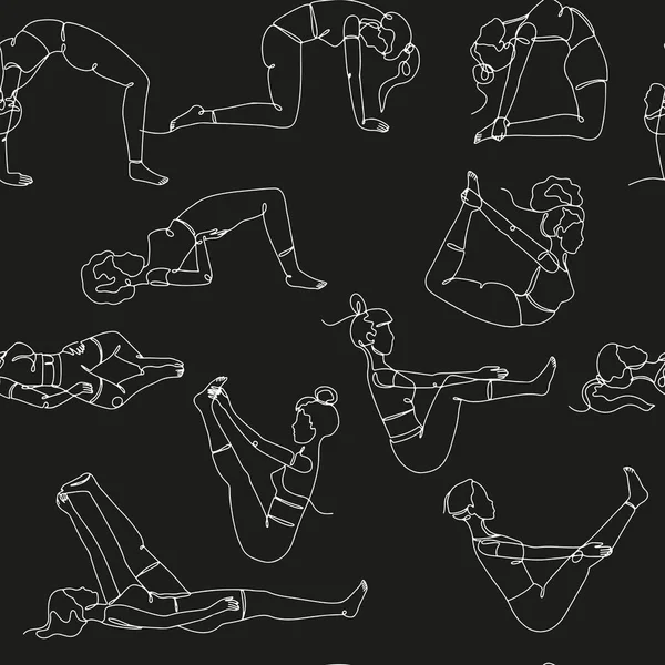 Seamless Pattern Single Line Drawings Yoga Poses Linear Hand Drawn — Wektor stockowy