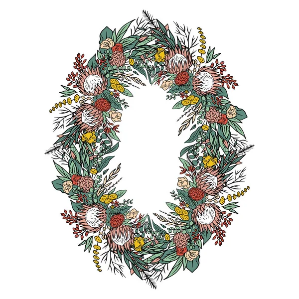 Ручная Рисованная Красочная Линия Искусства Тропический Цветок Protea Вертикальная Овальная — стоковый вектор