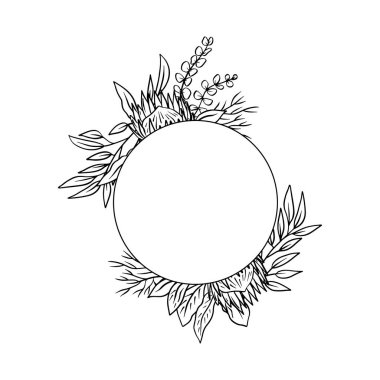 El çizimi tek renkli sanat eseri tropikal protea çiçeği yuvarlak çerçeve. Çiçek çelengi tebrik kartı şablonu