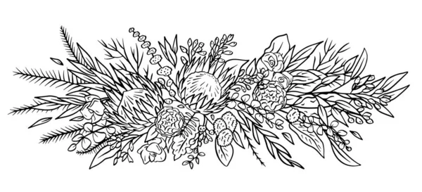 Monokrom Tropisk Protea Blommor Och Mnar Bukett Boho Blommig Sammansättning — Stock vektor