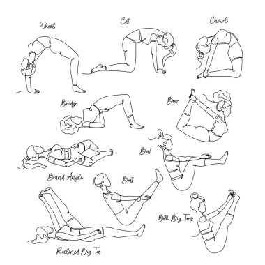 Yoga poz veren bir kızın tek çizgi çizimi. Çizgisel el beyaz arkaplana asanas çizdi