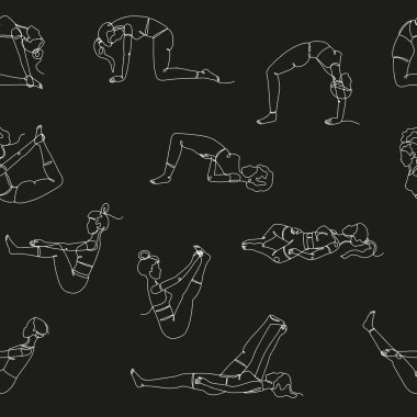 Seamless pattern with single line drawings of yoga poses. Linear hand drawn asana doodles wallpaper on black background
