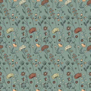 Kusursuz desenli, elle çizilmiş yaban çiçekleri. Mavi arka planda çizgi sanat çayırı çiçekleri