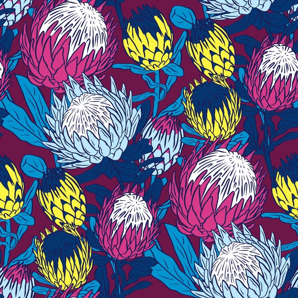 Seamless pattern with protea flowers on purple background. Tropical floral wallpaper.