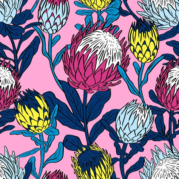 Seamless pattern with protea flowers on pink background. Tropical floral wallpaper.