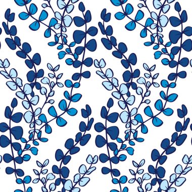 Beyaz zemin üzerinde mavi tropikal yapraklar olan kusursuz bir desen. Çizgi sanatı botanik duvar kağıdı