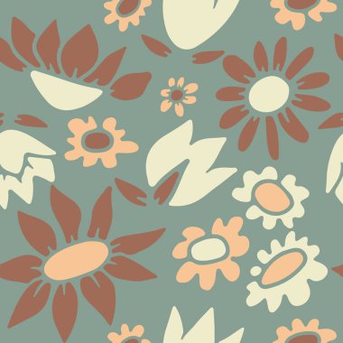 Mavi arka planda soyut eski kır çiçekleriyle renksiz bir desen. Vintage çiçekli dijital kağıt