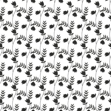 Beyaz arka planda siyah, kır çiçeklerinin silueti olan tek renkli, pürüzsüz desen. Eski püskü çiçekli tekrar deseni.