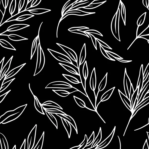 Монохромный Бесшовный Узор Листьями Фасоли Черном Фоне Линейные Ботанические Обои — стоковый вектор