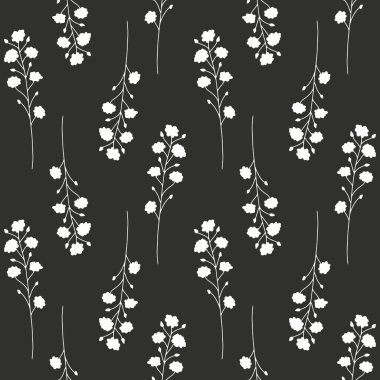 Beyaz arka planda siyah, kır çiçeklerinin silueti olan tek renkli, kusursuz desen. Eski püskü çiçekli tekrar deseni.