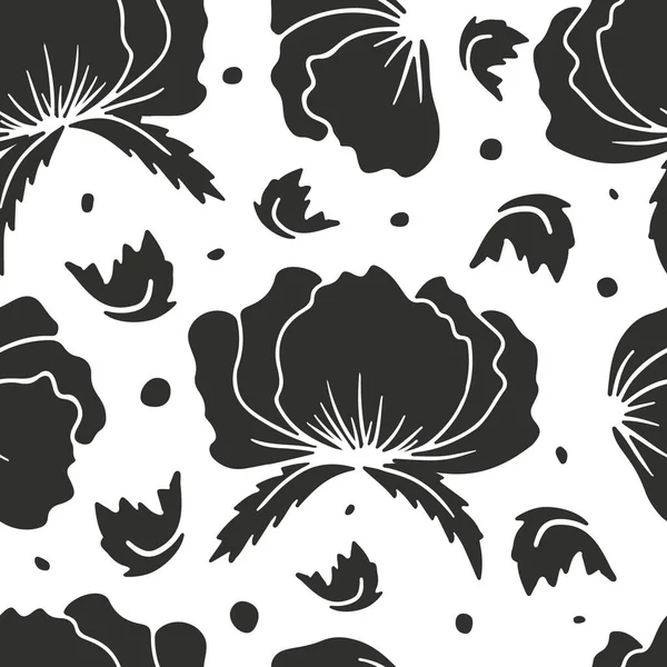 Nahtloses Muster Mit Abstrakten Mohnblumen Schwarze Silhouetten Auf Weißem Hintergrund — Stockvektor