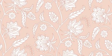 Kusursuz desenli, stilize Hint tarzı çiçekler ve bir gövde üzerinde yapraklar. El çizimi çiçek yineleme arkaplanı