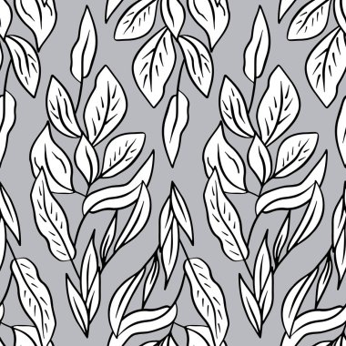 Gri arka planda tropikal yaprakları olan tek renkli dikişsiz desen. Çizgi sanatı botanik duvar kağıdı