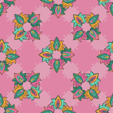 Kusursuz desenli, stilize Hint tarzı rosetler ve pembe arka planda yapraklar. El çizimi çiçek desenli duvar kağıdı