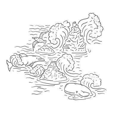 Tek renkli siyah çizgi film tarzı okyanus yaşamı beyaz arka planda izole edilmiştir.