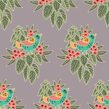 Güzel kuşlar ve çiçek motifleriyle kusursuz desenler. Retro tarzı çiçek duvar kâğıdı