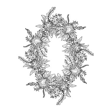 El çizimi monokrom çizgisi sanat tropik protea çiçeği dikey oval çerçeve. Çiçek çelengi tebrik kartı şablonu