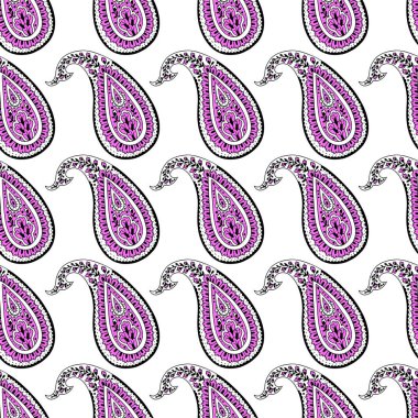 Beyaz arka planda pembe Paisley motifleri olan kusursuz desen. Geleneksel Hint yineleme tasarımı.