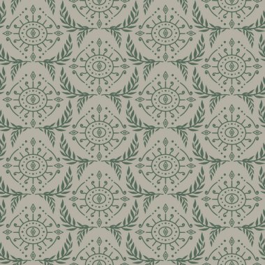 Bej arka planda pürüzsüz yeşil Damask deseni. Çiçek soyut tekrarlanan tek renkli arkaplan.