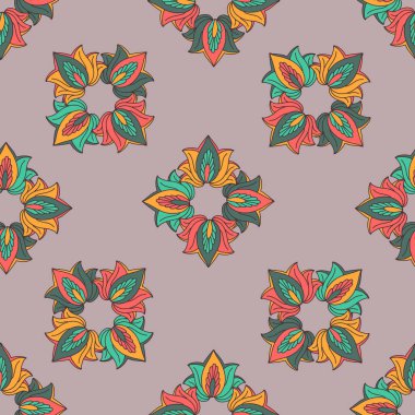 Kusursuz desenli, stilize Hint tarzı rosetler ve gri arka planda yapraklar. El çizimi çiçek desenli duvar kağıdı