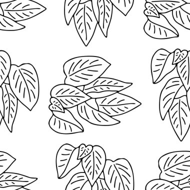 Elle çizilmiş siyah ve beyaz yapraklı kusursuz desen. Botanik monokrom duvar kağıdı