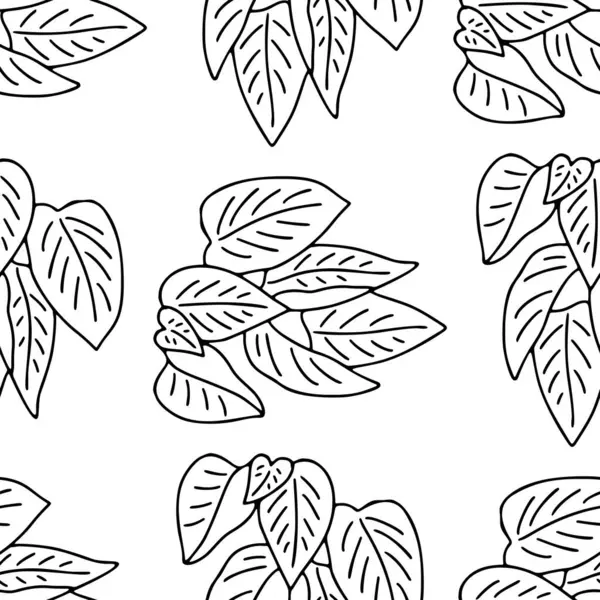Elle çizilmiş siyah ve beyaz yapraklı kusursuz desen. Botanik monokrom duvar kağıdı