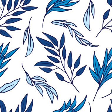 Beyaz zemin üzerinde mavi tropikal yapraklar olan kusursuz bir desen. Çizgi sanatı botanik duvar kağıdı