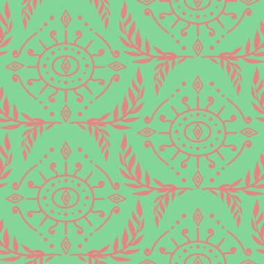 Yeşil arka planda pürüzsüz pembe Damask deseni. Çiçek soyut tekrarlanan tek renkli arkaplan.